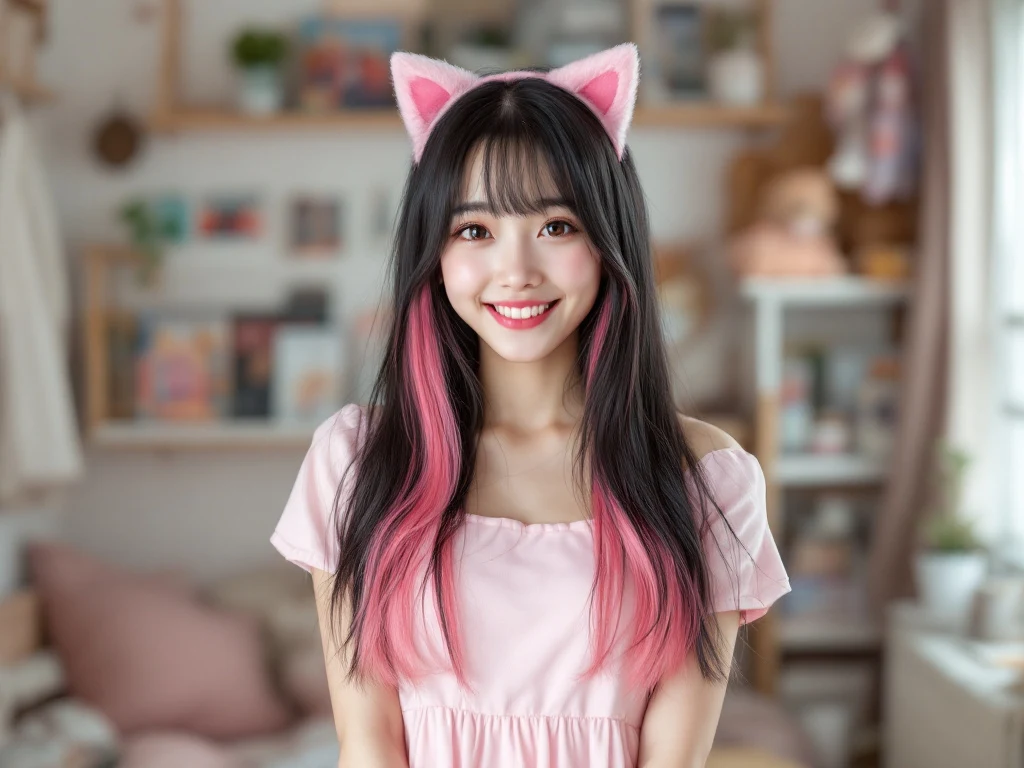 A realistic image of a 30 year-old Japanese woman with long black hair streaked with bright pink, big expressive brown eyes, fair skin, and a petite build, wearing a pastel pink kawaii dress with attached cat ears and white ankle socks, standing in a cozy Tokyo bedroom shelves o…