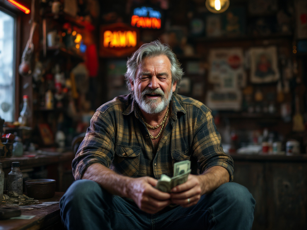 Slouched in the pawn shop back room counting cash while humming an old country tune