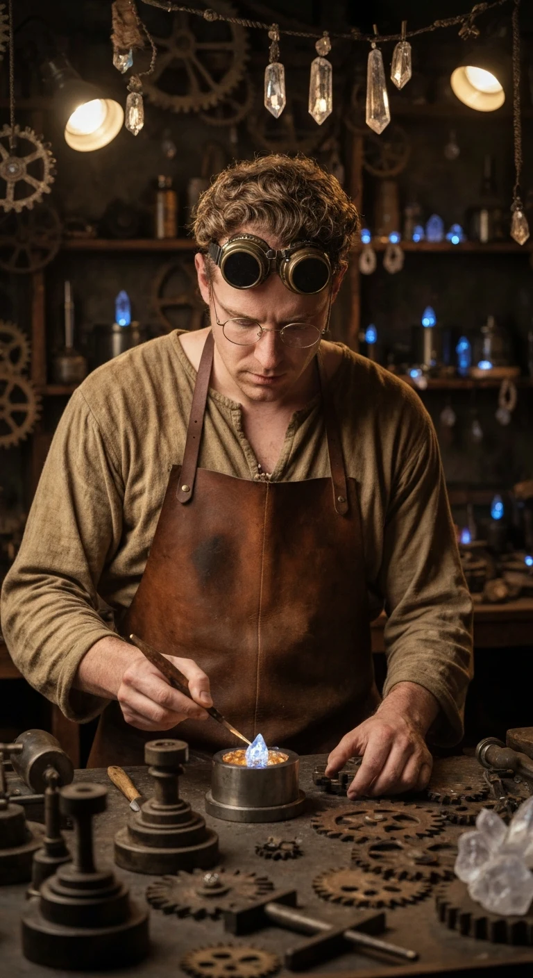 A man in his late 20s, Caucasian, with light brown curly hair, wire-framed spectacles, wearing a leather tinker's apron over a stained tunic, goggles pushed up on his forehead, in a dim cluttered workshop filled with gears and glowing crystals. Subject sharp, natural realistic c…