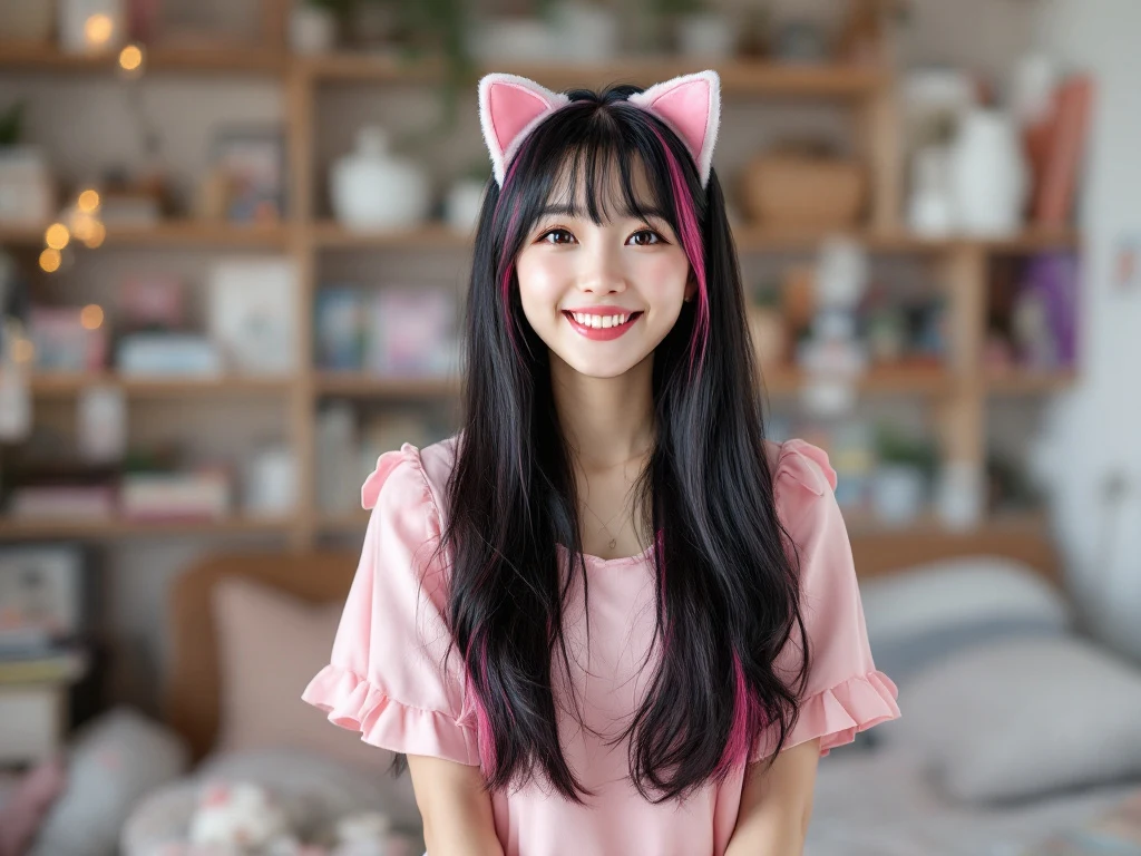 A realistic image of a 30 year-old Japanese woman with long black hair streaked with bright pink, big expressive brown eyes, fair skin, and a petite build, wearing a pastel pink kawaii dress with attached cat ears and white ankle socks, standing in a cozy Tokyo bedroom shelves o…