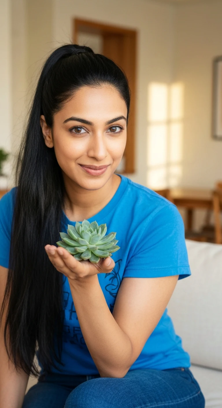 A 29-year-old Indian woman with long black hair in a ponytail, almond-shaped dark brown eyes, warm olive skin, wearing a graphic t-shirt and jeans, holding a potted succulent, smiling slightly in a sunlit apartment.