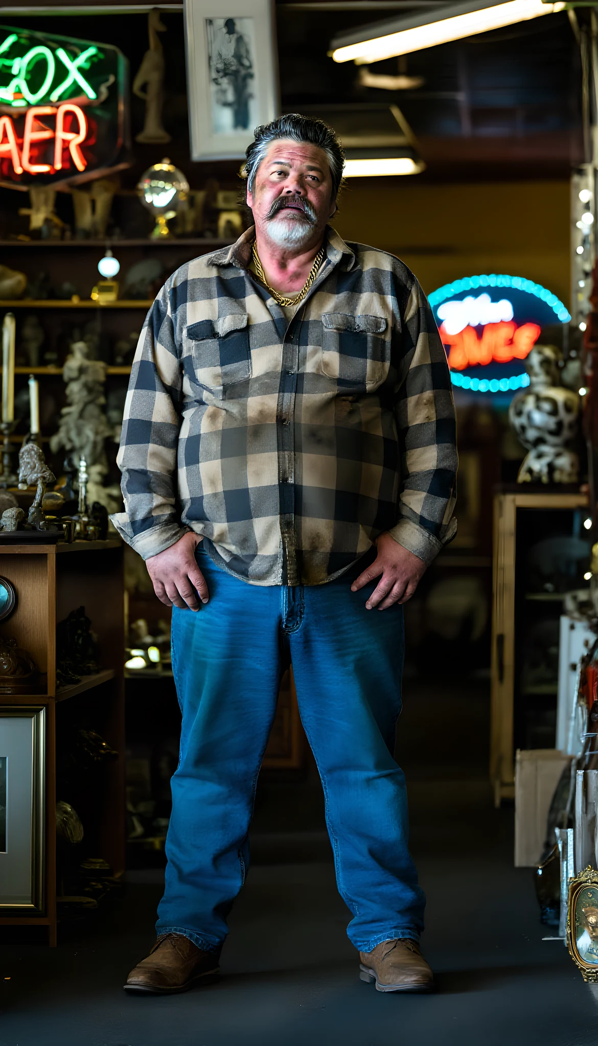 Portrait photo of a man. Premium photorealistic portrait, subject sharp, natural realistic color, realistic skin texture, no soft-focus filter, no unwanted oversaturation. A 52-year-old white man, overweight, rugged appearance, gray-streaked hair, mustache and goatee, weathered …