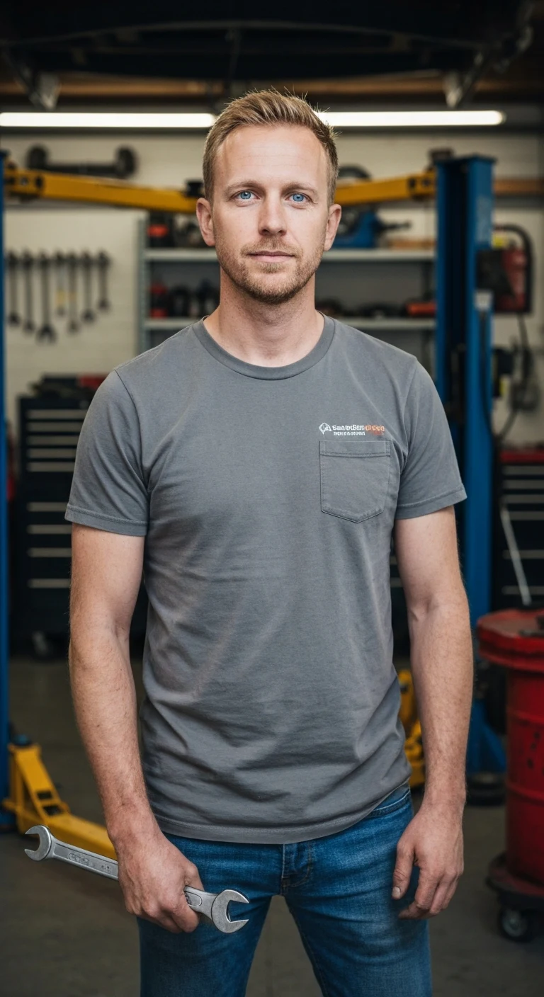Portrait photo of a man. Premium photorealistic portrait, subject sharp, natural realistic color, realistic skin texture, no soft-focus filter, no unwanted oversaturation. A 34-year-old Caucasian man with short blond hair, blue eyes, fair skin, wearing a casual t-shirt and jeans…