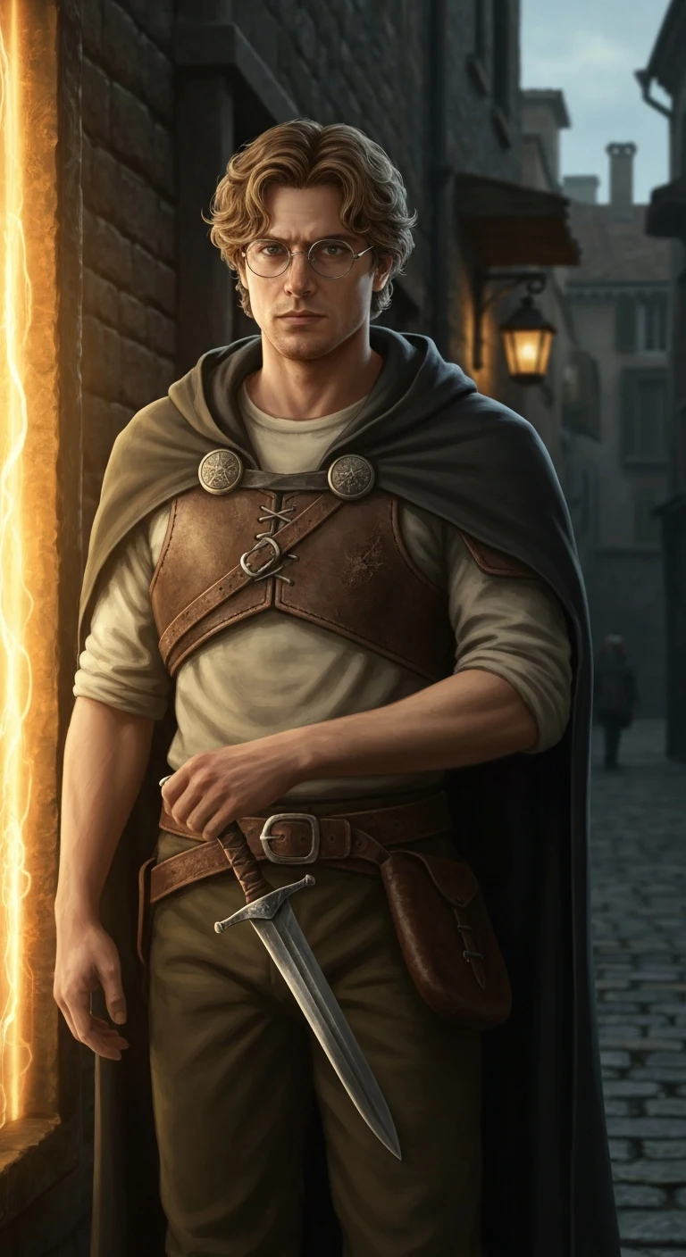 A man in his mid-20s with light brown curly hair, wire-framed glasses, wearing a simple t-shirt under a worn leather chestpiece and a dark hooded cloak. He stands in a narrow alley beside a glowing magical barrier, one hand resting on his dagger. The mood is gritty fantasy, with…