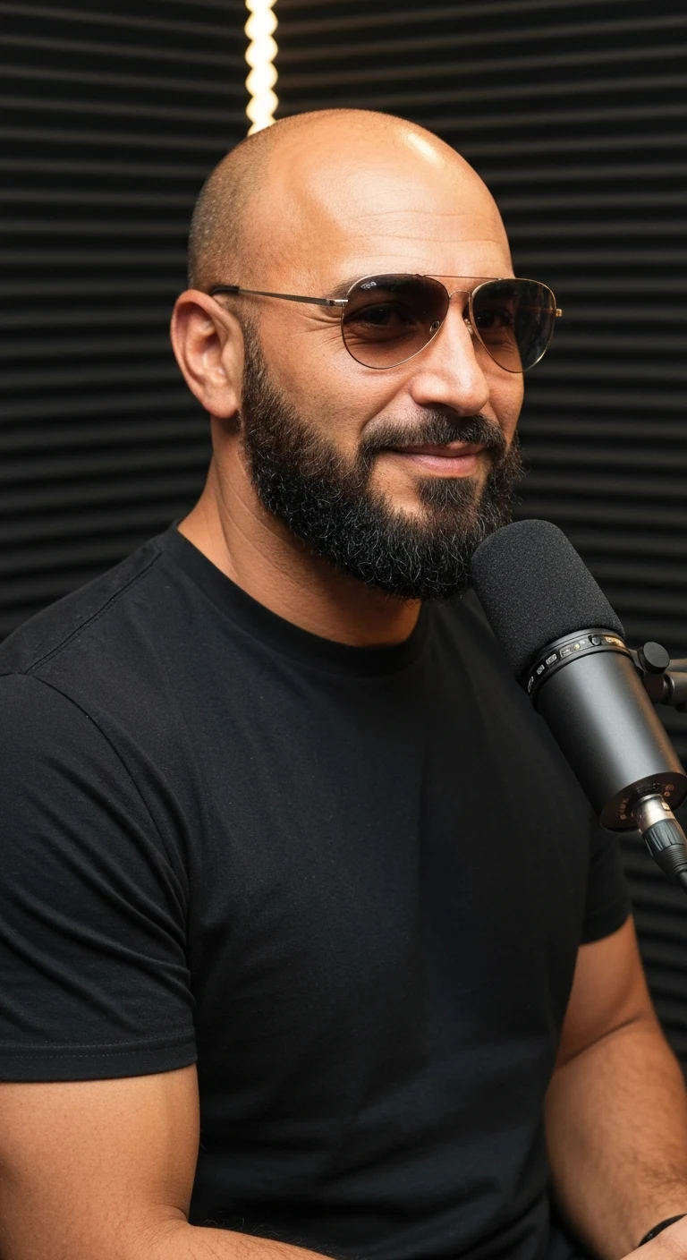Portrait photo of a man. Premium photorealistic portrait, subject sharp, natural realistic color, realistic skin texture, no soft-focus filter, no unwanted oversaturation. A man in his mid-40s, balding with a shaved head, tan skin, wearing aviator sunglasses and a black t-shirt.…