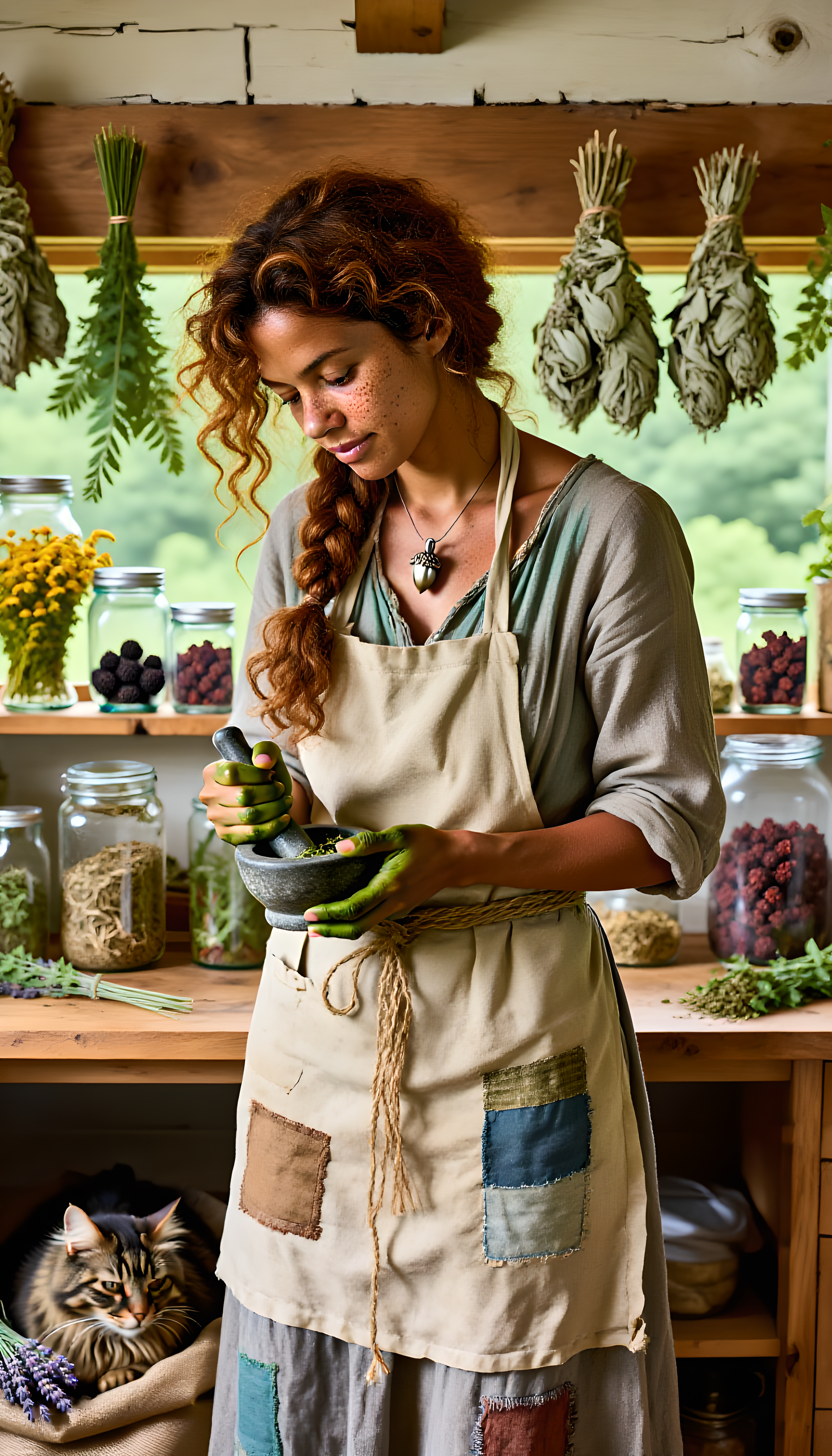 A woman in her late 20s with warm brown skin and wild, auburn curls escaping a loose braid, her hands stained green from crushing herbs. She wears a patched linen dress, a canvas apron tied with hemp twine, and a tiny silver acorn necklace—a gift from her grandmother. Behind her…
