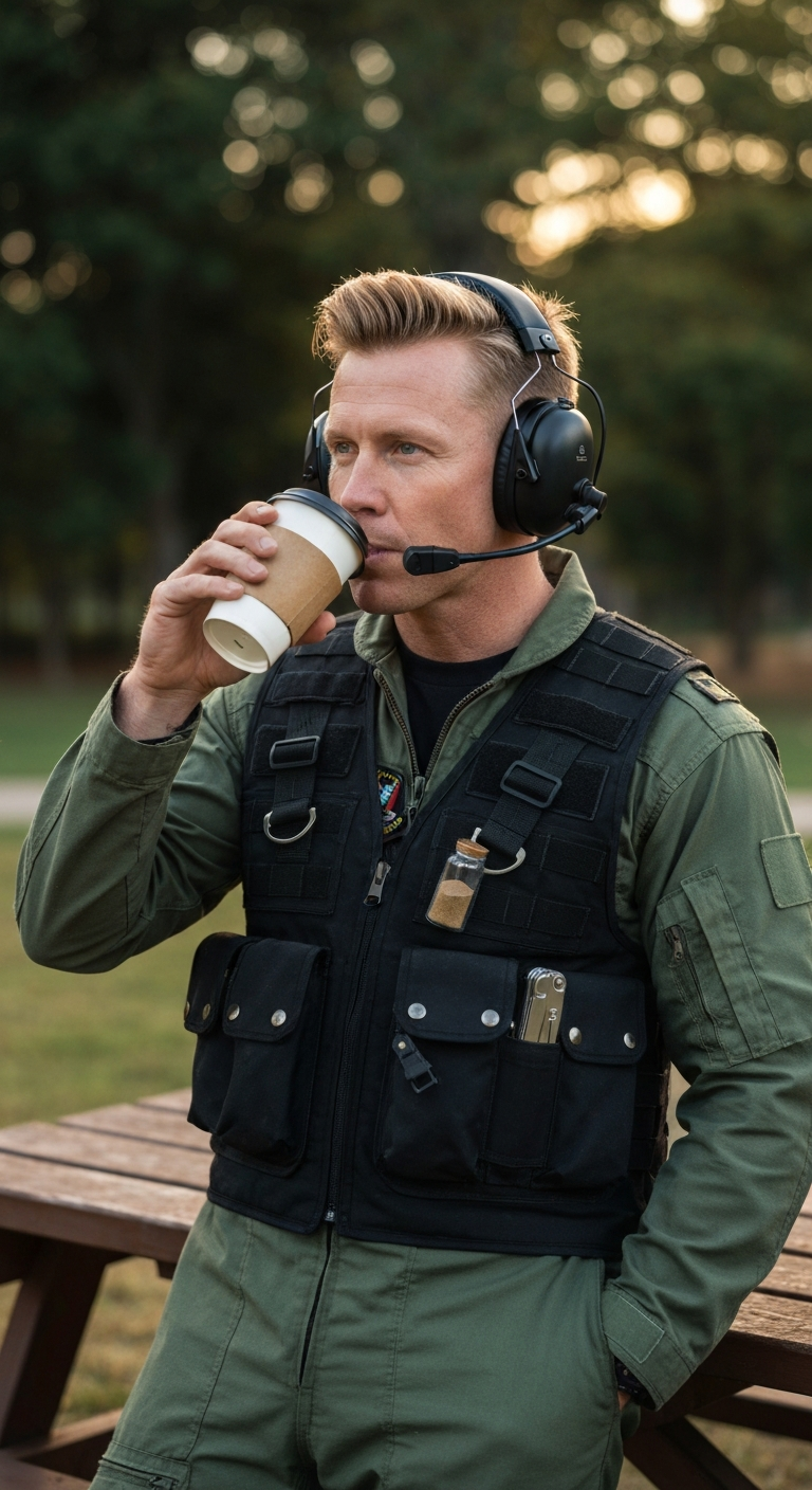 Dick leaning against a picnic table in a quiet park wearing over-ear aviation headphones, sipping from a large disposable coffee cup at golden hour