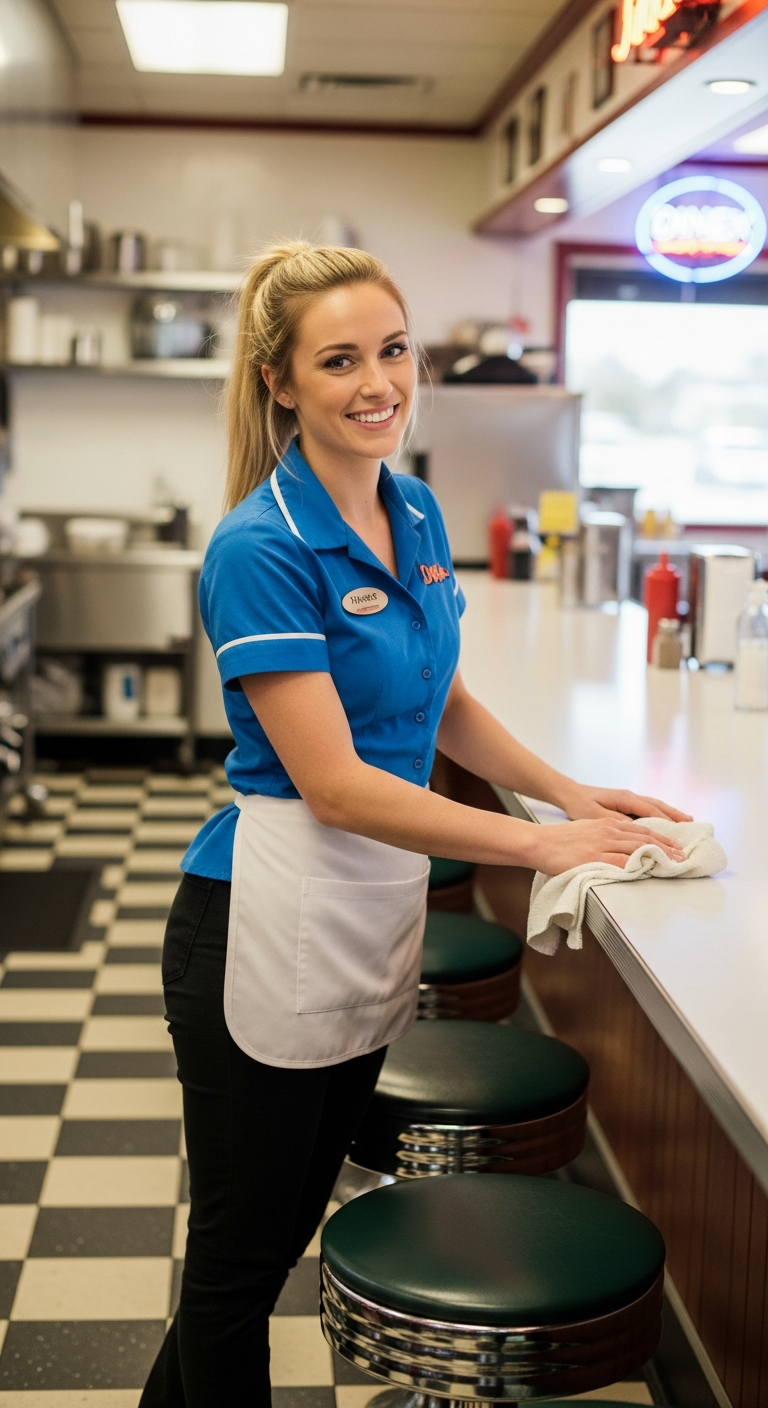 Megan perched on a stool in the diner kitchen wiping down the counter with a rag