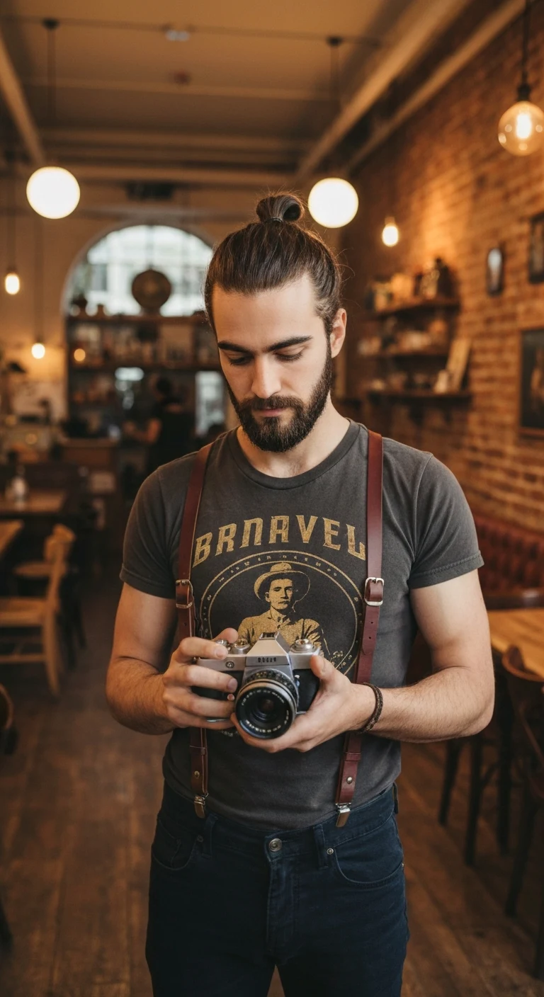 A man in his mid-20s, Caucasian, with a man bun, beard, brown eyes, slim build, wearing a vintage band tee and suspenders, holding a film camera in a hipster cafe.