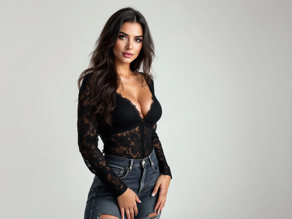 Portrait photo of a woman. Premium photorealistic portrait, subject sharp, natural realistic color, realistic skin texture, no soft-focus filter, no unwanted oversaturation. A 28-year-old Spanish woman with long wavy dark hair, olive skin, brown eyes, fit but curvy body, wearing…