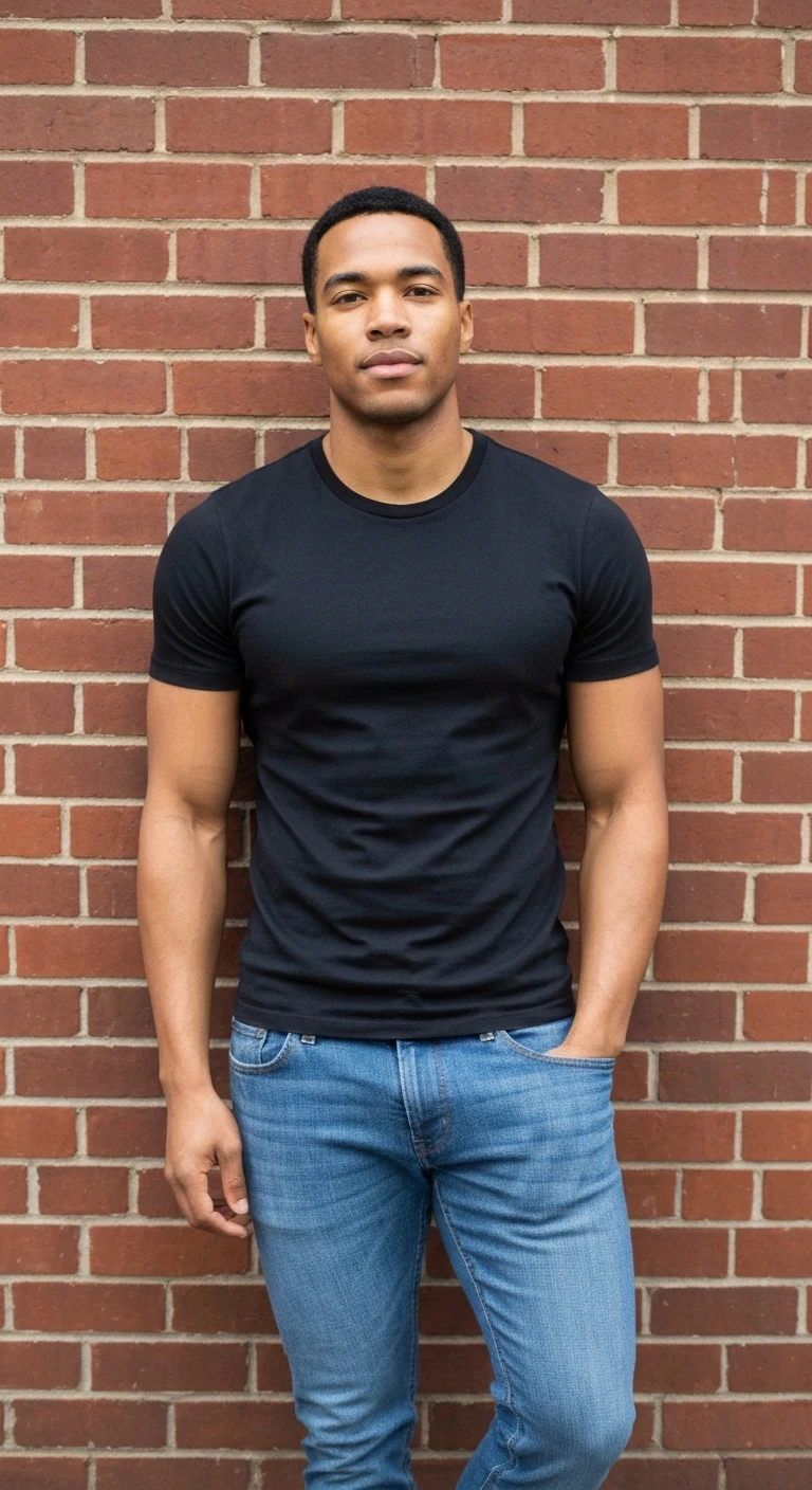 Portrait photo of a man. Premium photorealistic portrait, subject sharp, natural realistic color, realistic skin texture, no soft-focus filter, no unwanted oversaturation. A 28-year-old man with medium-brown skin, athletic build, short black hair, clean-shaven, wearing a fitted …