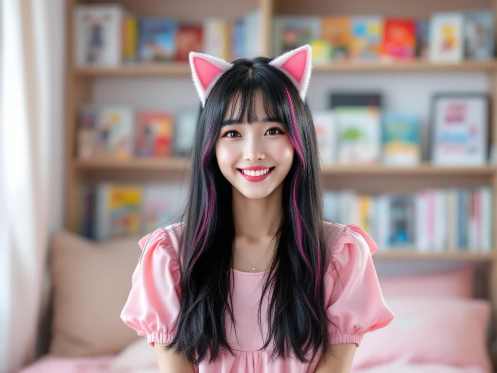 A realistic image of a 30 year-old Japanese woman with long black hair streaked with bright pink, big expressive brown eyes, fair skin, and a petite build, wearing a pastel pink kawaii dress with attached cat ears and white ankle socks, standing in a cozy Tokyo bedroom shelves o…