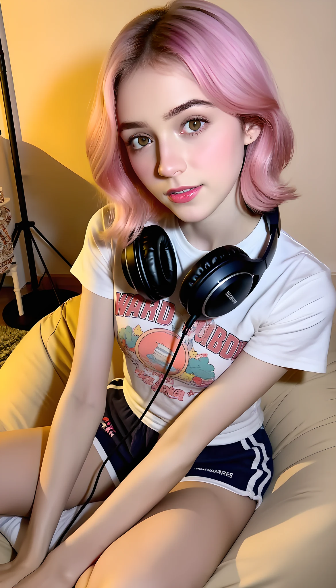 Portrait of a young Caucasian Thai woman, 21, with chin-length dyed pink hair, fair skin, round hazel eyes, very slim, wearing a graphic t-shirt and shorts, sitting on a beanbag with a gaming headset in a cozy room.