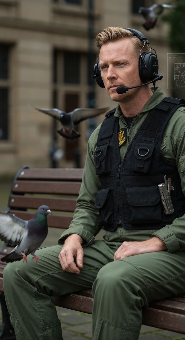 Dick sitting on a park bench in early morning light, quietly watching pigeons flutter around his boots
