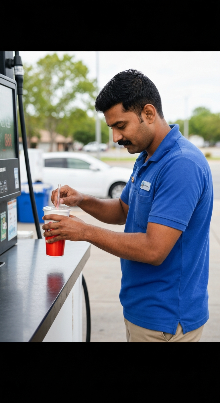Deepak Sharma hums softly while carefully filling a large soda cup at the gas station counter in a polo shirt and khakis.