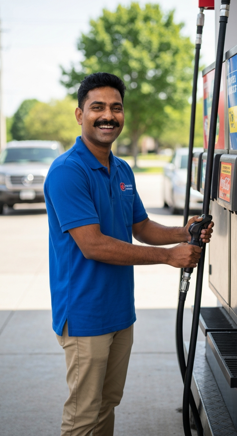 Deepak in a gas station polo and khakis, adjusting the nozzle on a soda fountain with an earnest smile, humming a Bollywood tune while apologizing under his breath