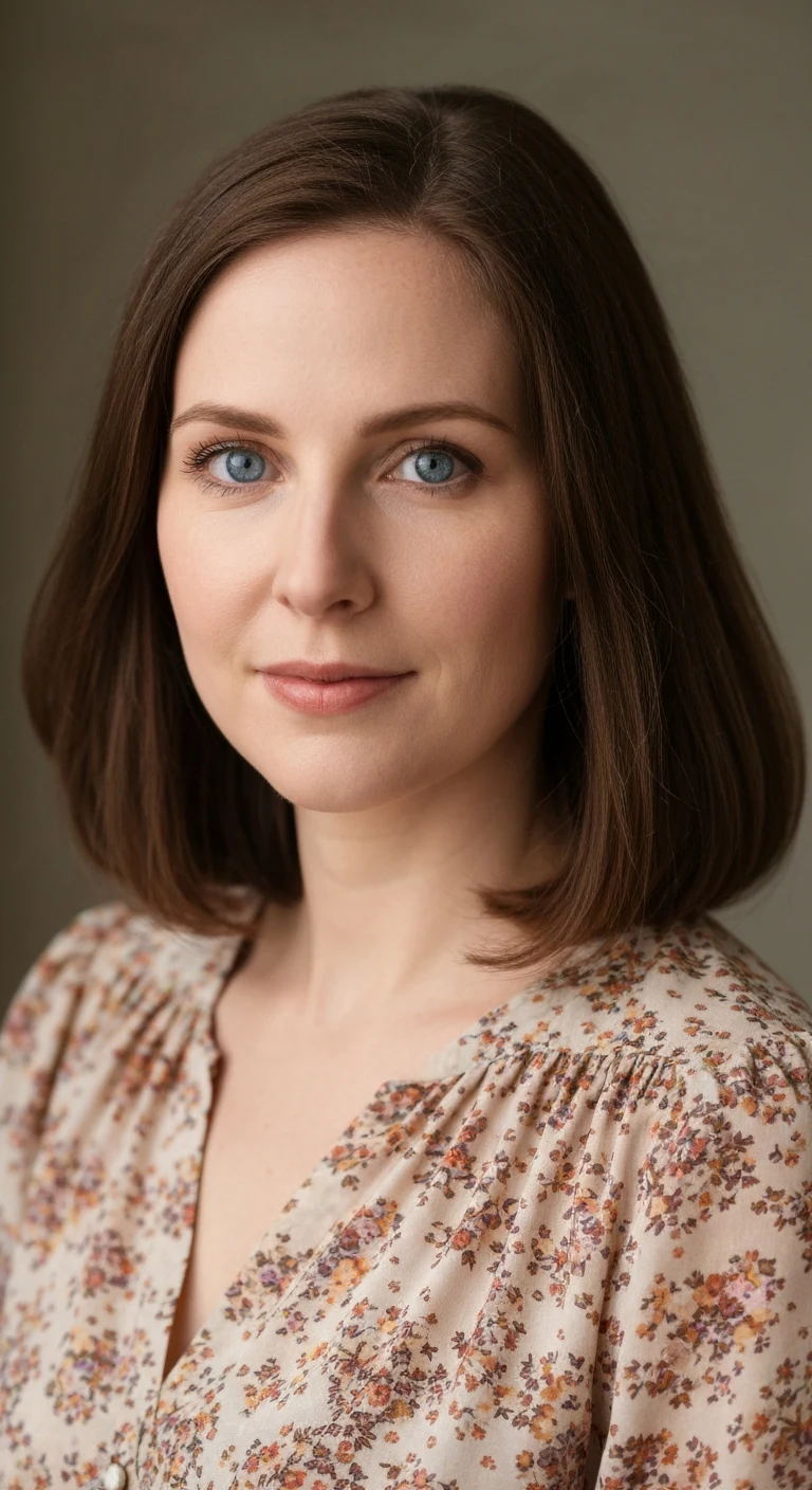 Portrait photo of a woman. Premium photorealistic portrait, subject sharp, natural realistic color, realistic skin texture, no soft-focus filter, no unwanted oversaturation. A 34-year-old Caucasian woman with shoulder-length brown hair, blue eyes, fair skin, wearing a floral blo…
