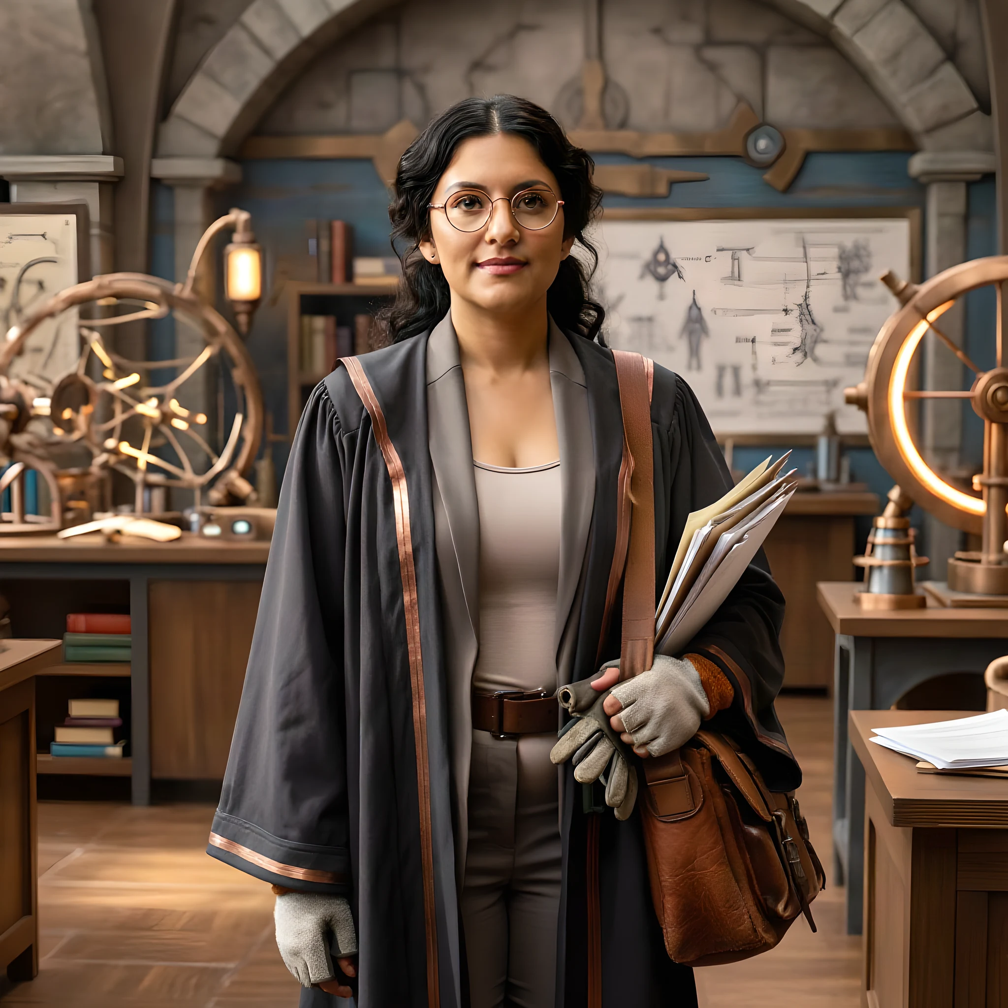 A woman, 41, Mexican American, approachable knowledgeable-looking university professor in a fantasy-industrial college district, medium height with a soft sturdy build, warm brown skin, dark wavy hair pinned back with a few loose strands, intelligent brown eyes behind round bras…