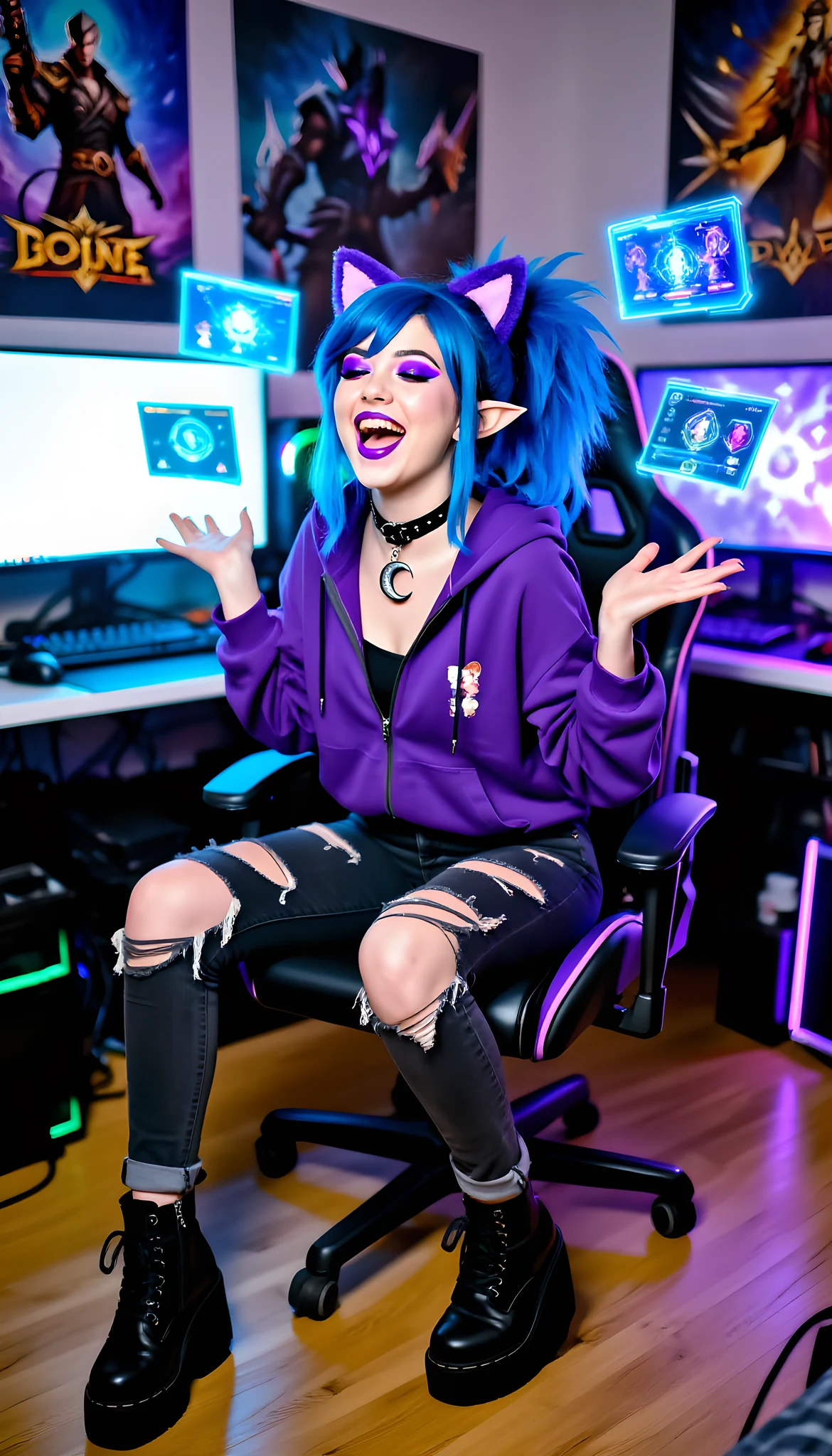 Portrait photo of a woman. Premium photorealistic portrait, subject sharp, natural realistic color, realistic skin texture, no soft-focus filter, no unwanted oversaturation. A young half-elf woman, 24, with vibrant blue hair in a messy ponytail, bold purple eyeshadow, wearing a …