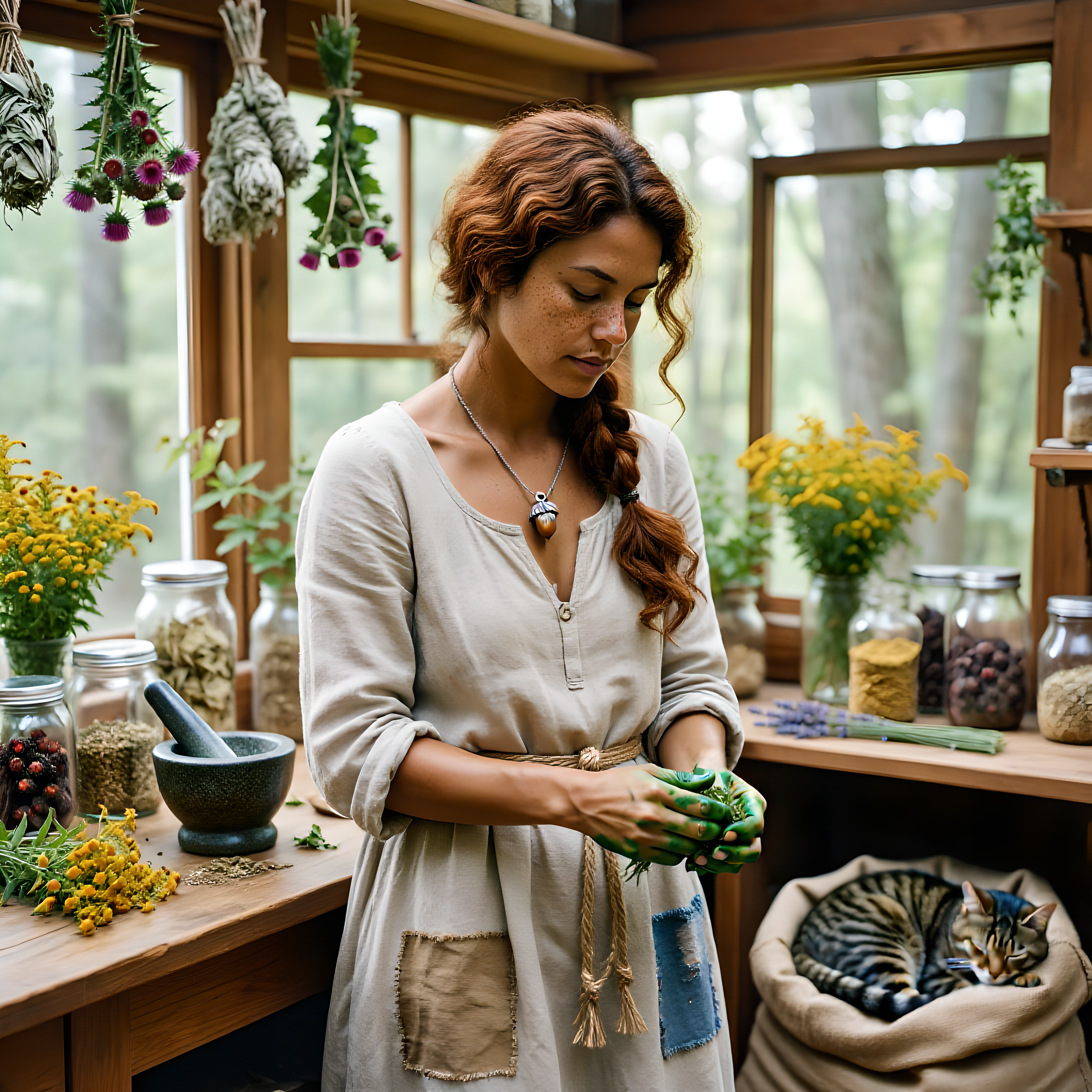 A woman in her late 20s with warm brown skin and wild, auburn curls escaping a loose braid, her hands stained green from crushing herbs. She wears a patched linen dress, a canvas apron tied with hemp twine, and a tiny silver acorn necklace—a gift from her grandmother. Behind her…