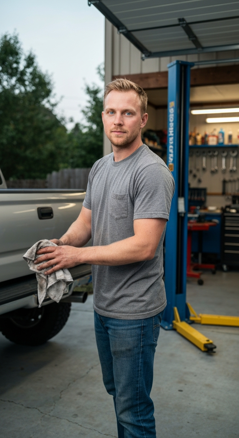 Wiping grease-stained hands on a rag beside a lifted pickup in the driveway at dusk