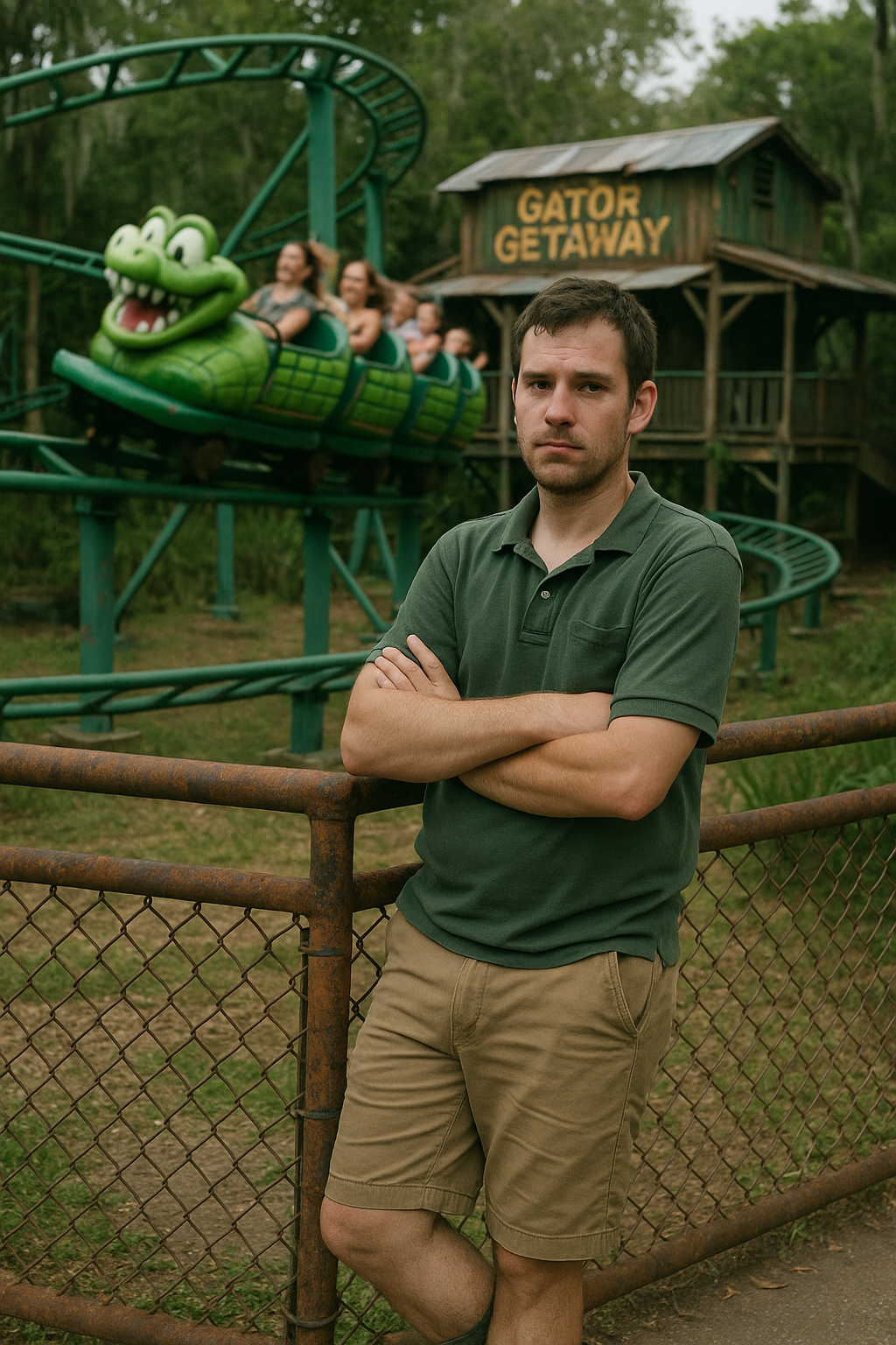 Dax leaning against a rusty park fence, arms crossed, watching the 'Gator Getaway' coaster roll by.