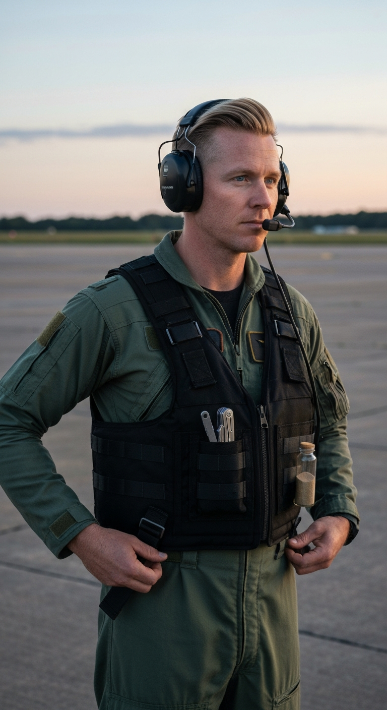 Dick standing on a quiet tarmac at dawn, adjusting the straps on their tactical vest while listening to an aviation podcast through their headphones