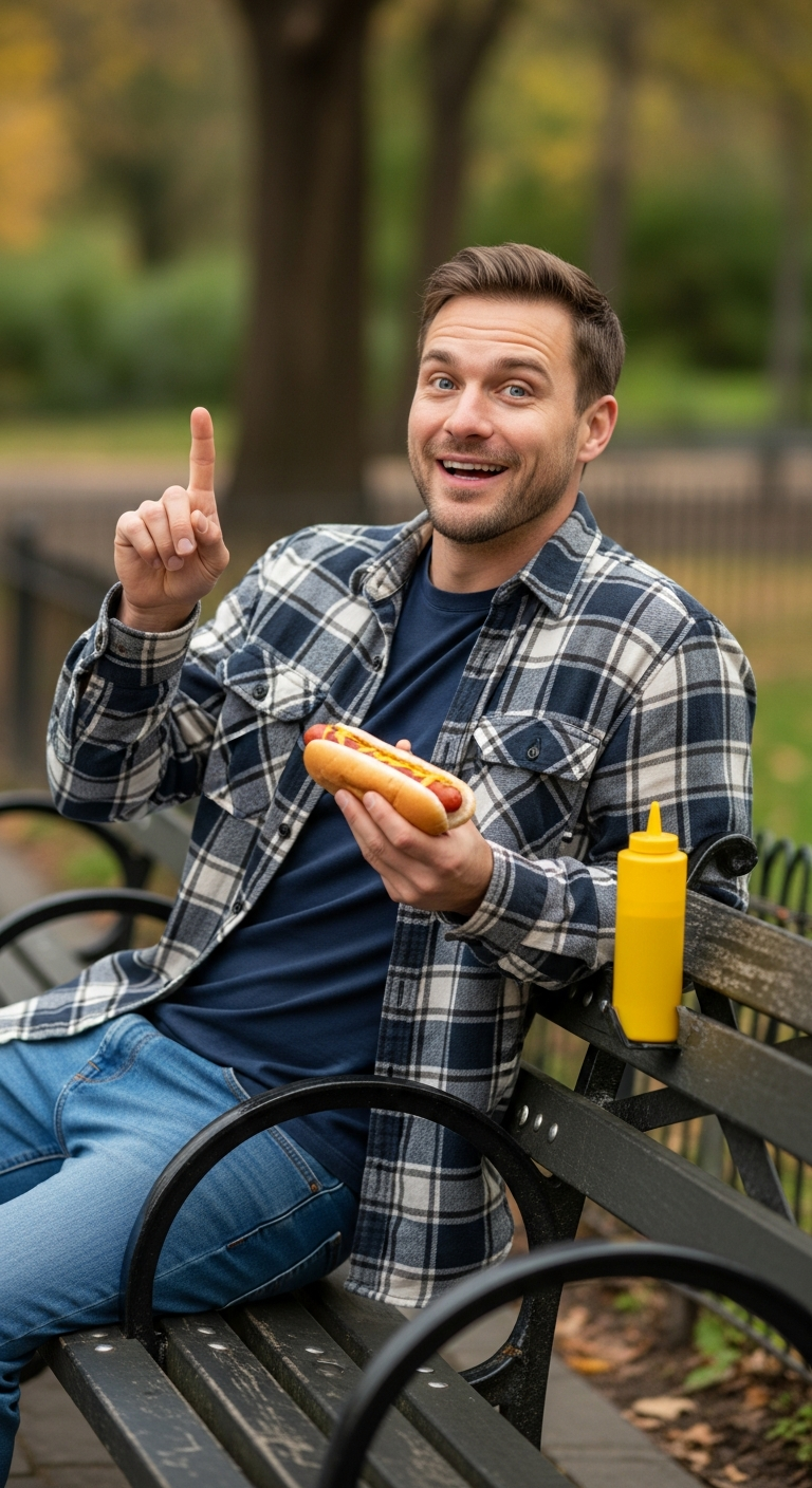 Leaning against a park bench holding a half-eaten hot dog, pointing upward with the mustard bottle beside him