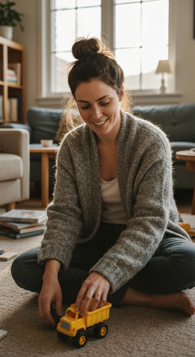 A 32-year-old white woman with messy brown hair tied in a bun, warm brown eyes, fair skin with freckles, wearing a cozy cardigan and jeans, sitting on a cluttered living room floor playing with a toy truck, soft sunlight through the window.