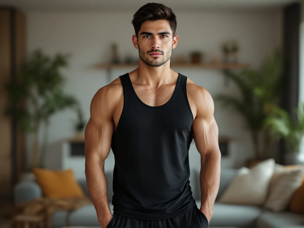 Portrait photo of a man. Premium photorealistic portrait, subject sharp, natural realistic color, realistic skin texture, no soft-focus filter, no unwanted oversaturation. A 28-year-old Hispanic man with short dark hair, brown eyes, athletic build, wearing a black tank top and g…