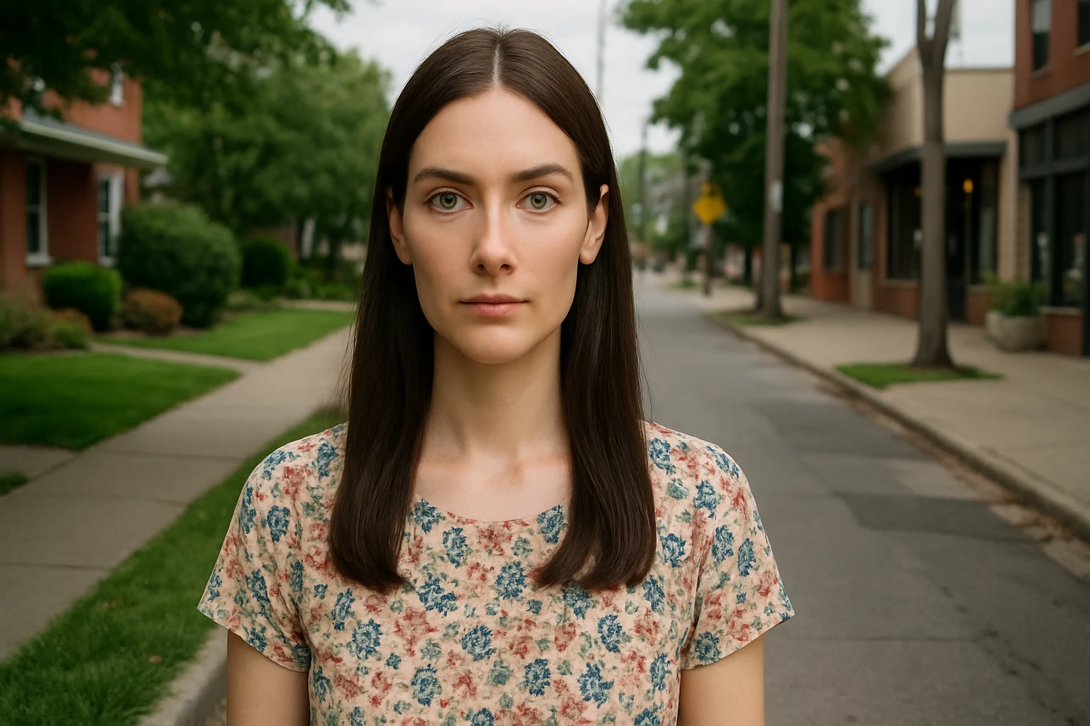 long straight dark brown hair parted in the middle, bright green almond-shaped eyes, high cheekbones, fair smooth skin, minimal natural makeup, slim build, upright posture, neutral expression. Wide 16:9 landscape wallpaper — a scene/backdrop that matches the character's world an…