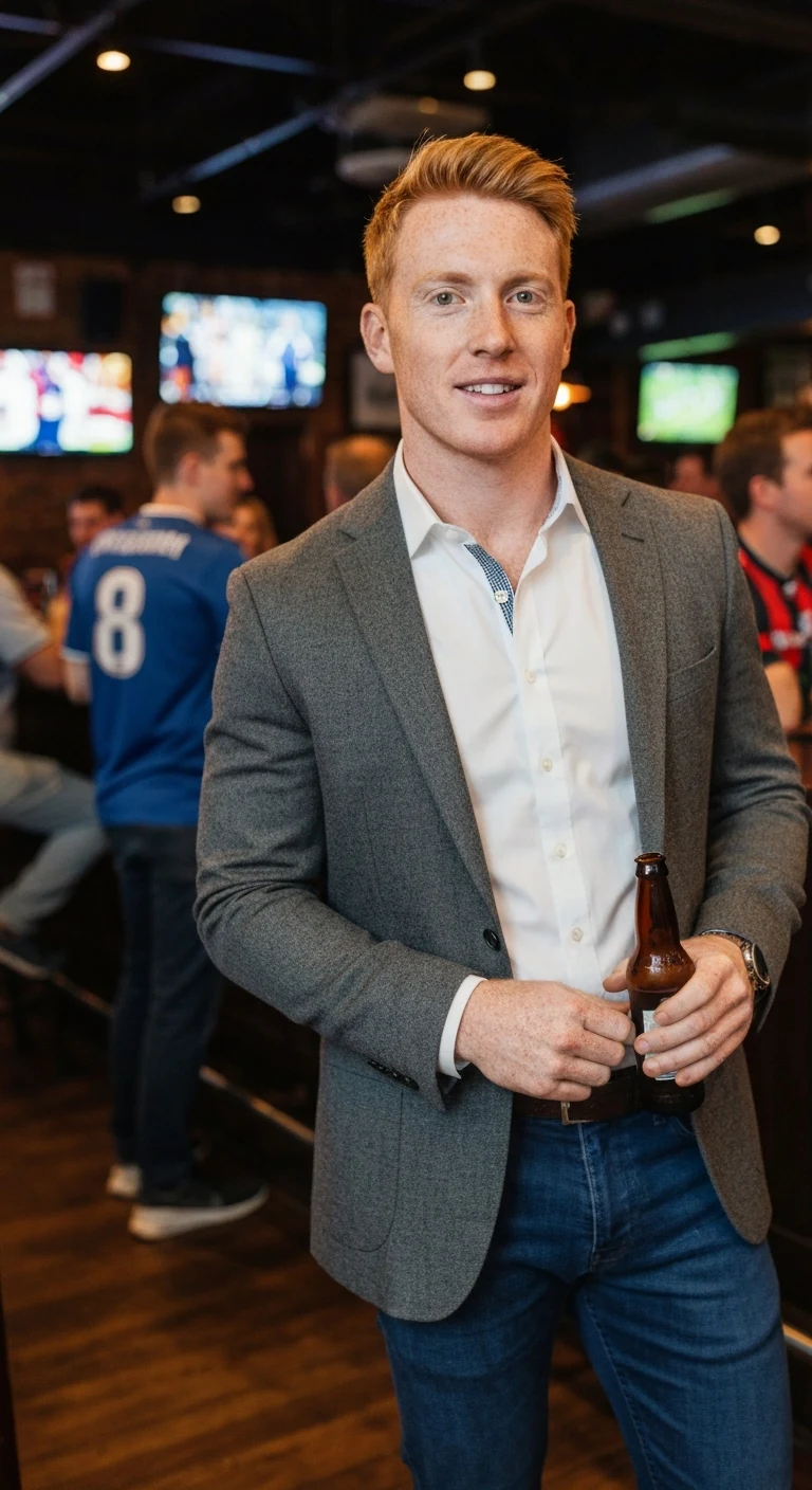 A man in his early 30s, Caucasian, with short ginger hair, freckles, hazel eyes, athletic build, wearing a sport coat and jeans, holding a beer at a sports bar.