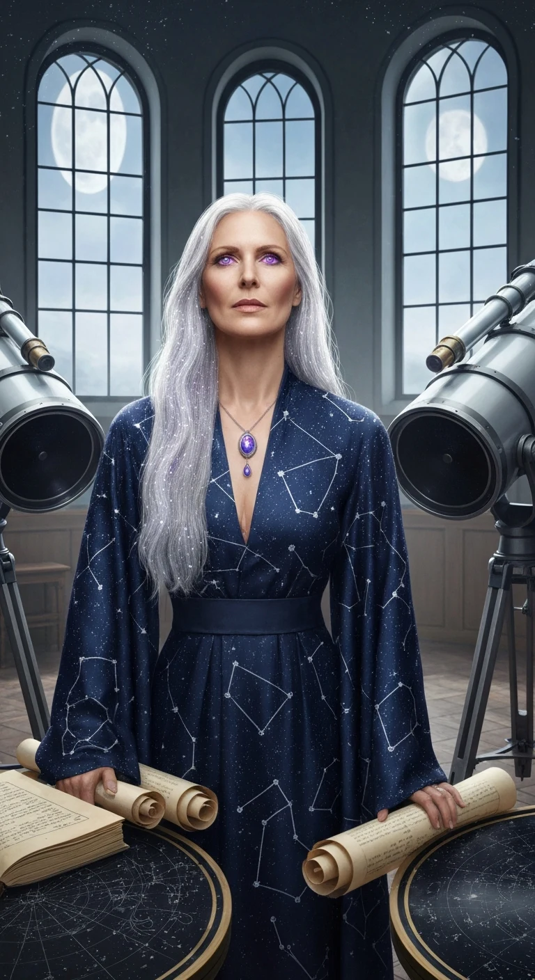 Portrait photo of a woman. Premium photorealistic portrait, subject sharp, natural realistic color, realistic skin texture, no soft-focus filter, no unwanted oversaturation. A woman in her early 40s, of Caucasian descent, with long, silver hair resembling stardust. She's wearing…