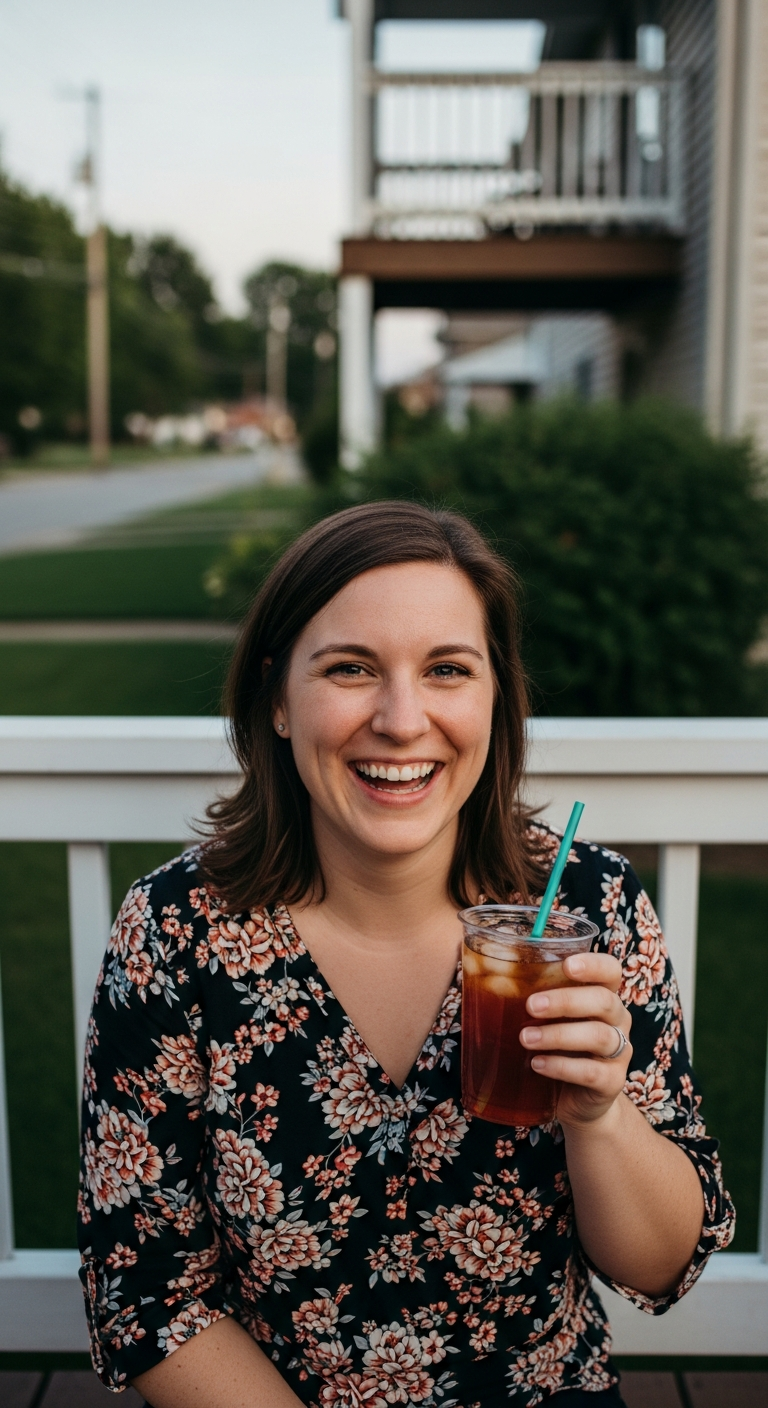 Megan sitting on her porch steps at dusk, sipping iced tea while laughing at a show on her neighbor's balcony