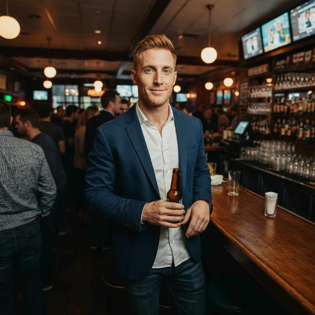 A man in his early 30s, Caucasian, with short ginger hair, freckles, hazel eyes, athletic build, wearing a sport coat and jeans, holding a beer at a sports bar.