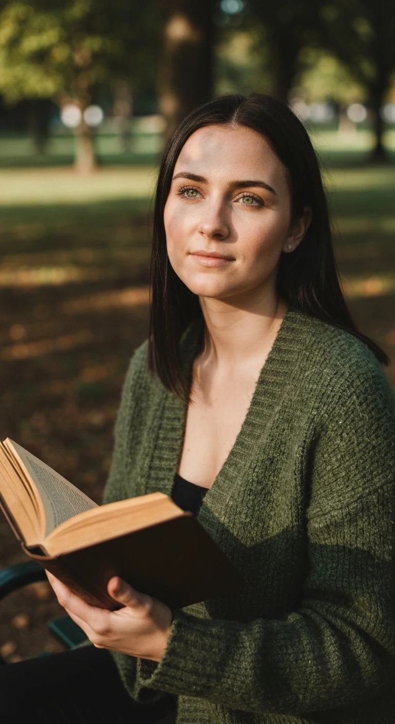 A 22-year-old Caucasian woman with straight dark brown hair, green eyes, fair complexion, wearing a cozy cardigan and holding a book in a park in Birmingham, Alabama.
