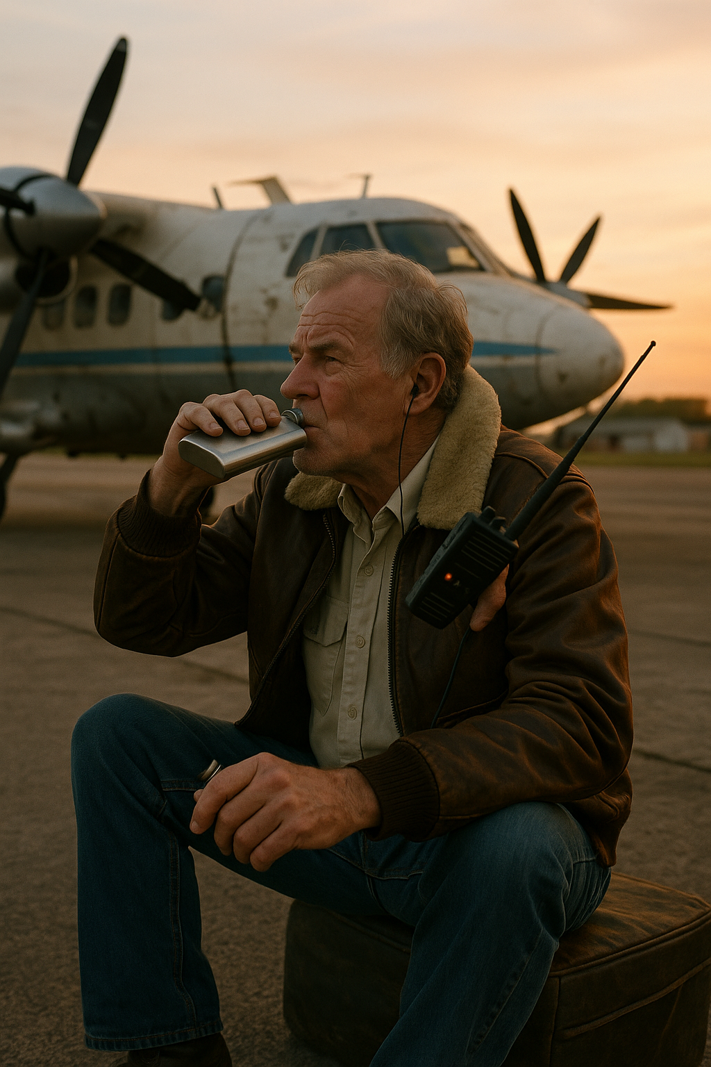 Sitting in a worn leather flight jacket on the tarmac at sunset, swigging from a flask while listening to a mechanic’s radio chatter.
