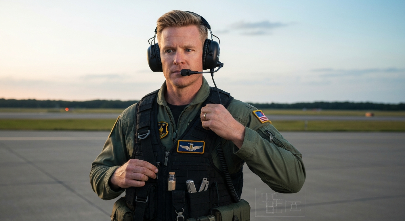 Wearing headphones, adjusting a strap on his vest while standing on a quiet airport tarmac at dawn