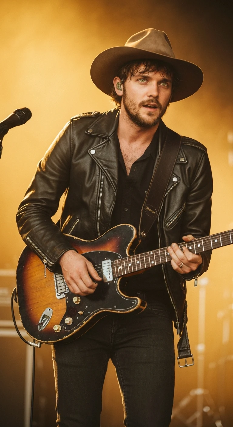 A man in his late 20s, Caucasian, with shaggy brown hair under a cowboy hat, scruffy beard, green eyes, lean build, wearing a leather jacket and jeans, holding a guitar on stage.