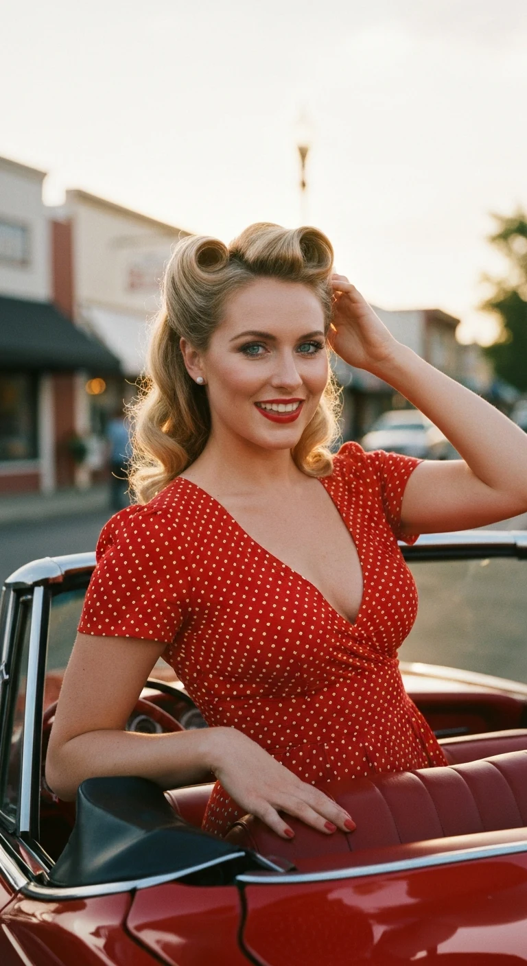 A 23-year-old Caucasian woman with blond victory rolls, blue eyes, fair skin, hourglass figure, wearing a red polka-dot dress and red lipstick, leaning against a classic convertible, in a sunny small town.