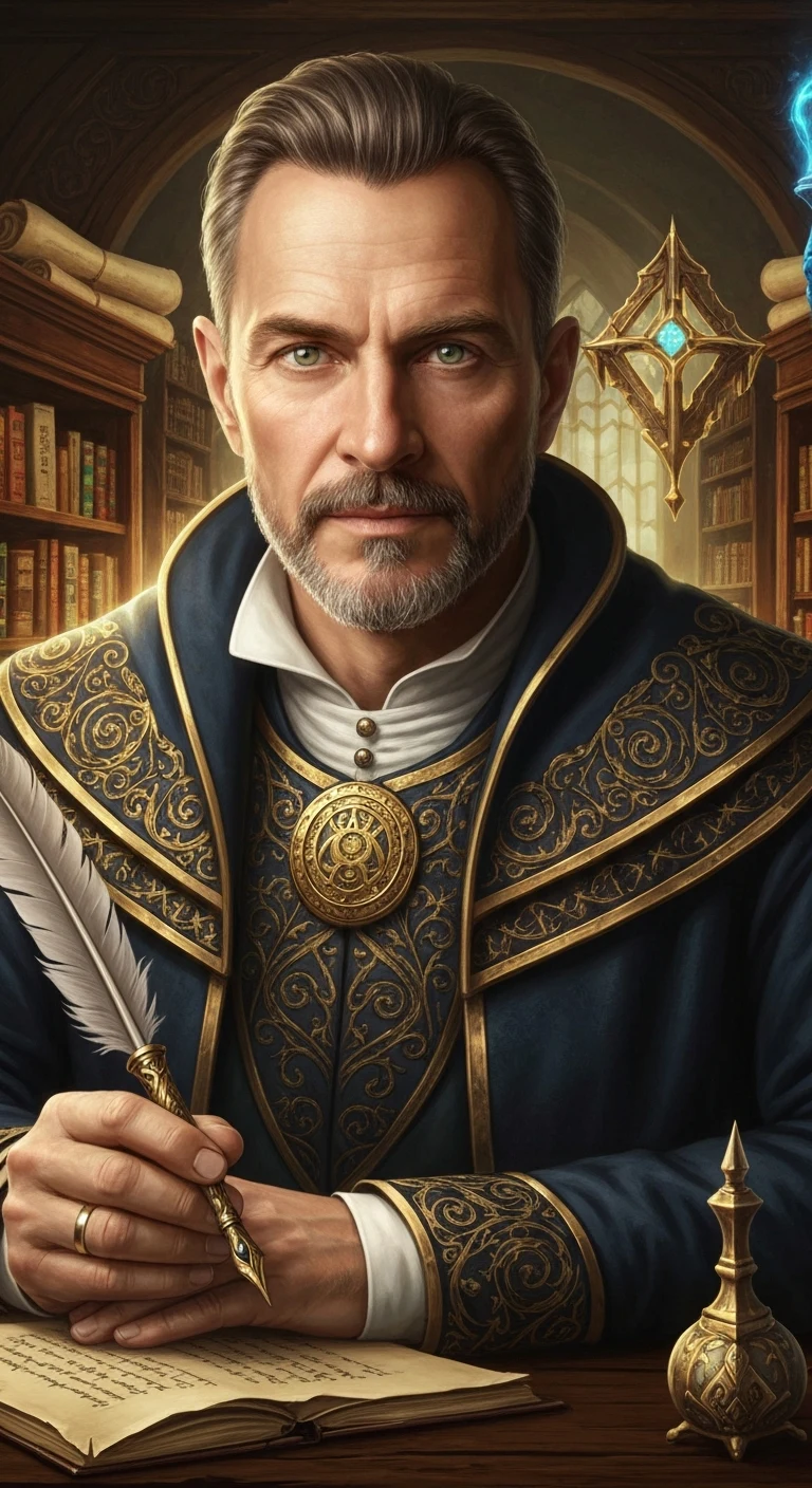 Portrait photo of a man. Premium photorealistic portrait, subject sharp, natural realistic color, realistic skin texture, no soft-focus filter, no unwanted oversaturation. A middle-aged European man with bright eyes dressed in elegant robes, holding an ornate quill in a fantasti…