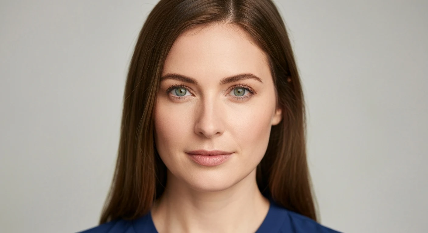 Portrait photo of a woman. Premium photorealistic portrait, subject sharp, natural realistic color, realistic skin texture, no soft-focus filter, no unwanted oversaturation. A 34-year-old Caucasian woman with shoulder-length brown hair, blue eyes, fair skin, wearing a floral blo…