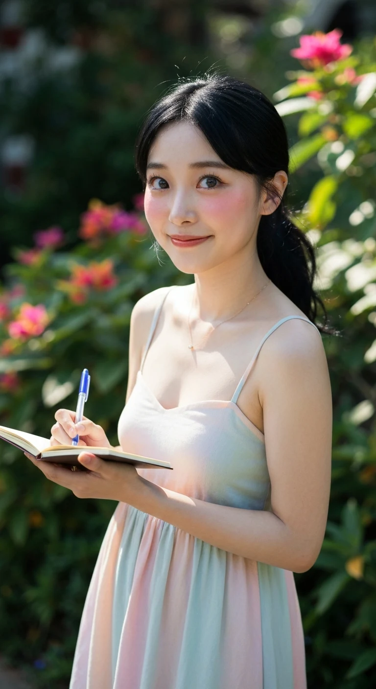 Portrait of a young Thai woman, 18, with natural black hair in a loose ponytail, fair skin with a light blush, big expressive eyes, wearing a simple pastel sundress, standing in a sunlit garden in Hua Hin, holding a small notebook and pen, smiling softly, natural lighting, reali…