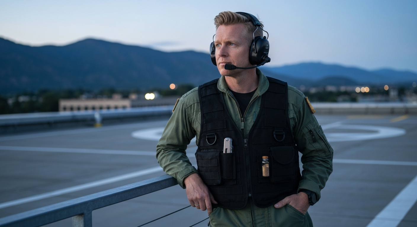 Leaning against a railing on a rooftop helipad at dusk, hands in pockets, surveying the distant mountain skyline