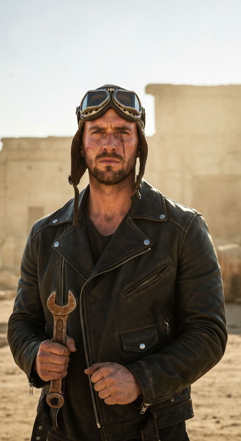 A man, 30s, Caucasian, rugged face with a scar across his cheek, wearing a leather jacket and goggles, standing in a dusty wasteland with ruins in the background, holding a rusty wrench, subject sharp, natural realistic color, no soft-focus filter