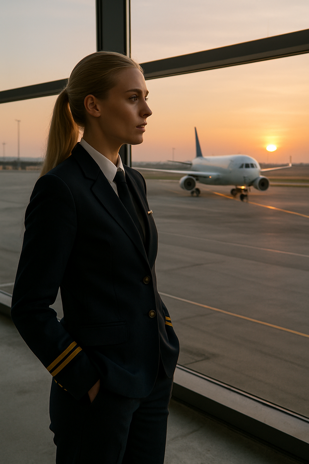 Standing on the tarmac at sunrise, hands in pockets, watching another jet taxi toward the runway.