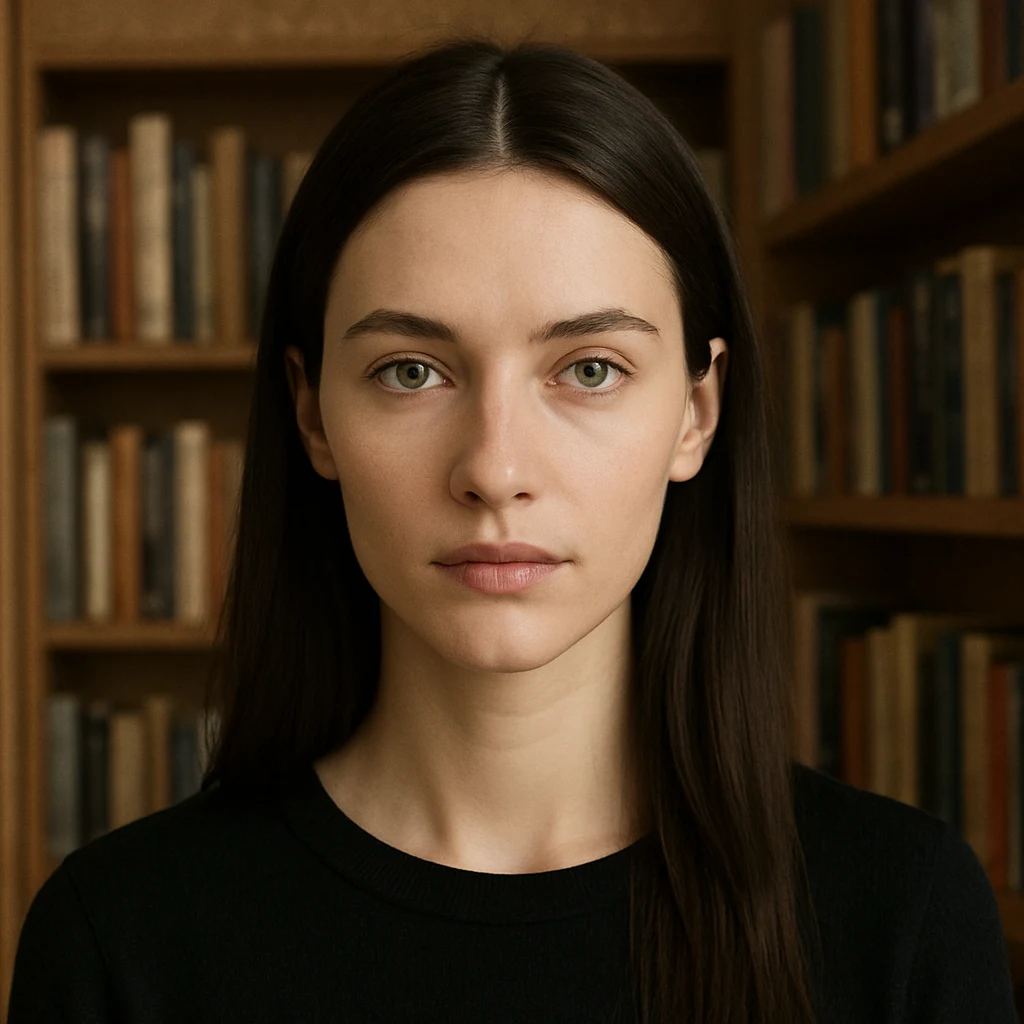 long straight dark brown hair parted in the middle, bright green almond-shaped eyes, high cheekbones, fair smooth skin, minimal natural makeup, slim build, upright posture, neutral expression. Square 1:1 avatar composition — a centered head-and-shoulders crop, face clearly visib…