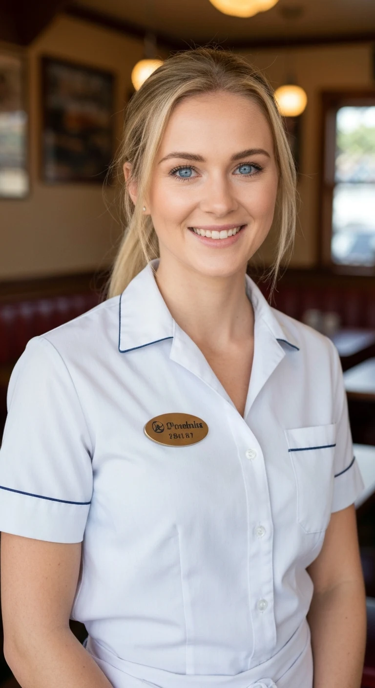 Portrait photo of a woman. Premium photorealistic portrait, subject sharp, natural realistic color, realistic skin texture, no soft-focus filter, no unwanted oversaturation. A 27-year-old Caucasian woman with long blonde hair in a ponytail, blue eyes, fair skin, wearing a waitre…