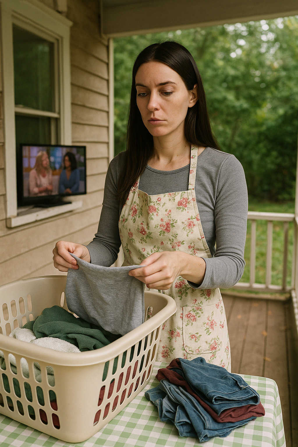 Folding laundry on the porch in a floral apron, humming along to a daytime talk show