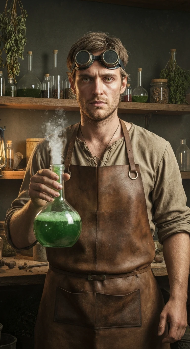 A man in his mid-20s, Caucasian, with scruffy light brown hair and tired hazel eyes. Wears a stained leather apron over a simple tunic, goggles pushed up on his forehead. He's holding a bubbling green potion, surrounded by shelves of glass vials and dried herbs. Dim lantern ligh…